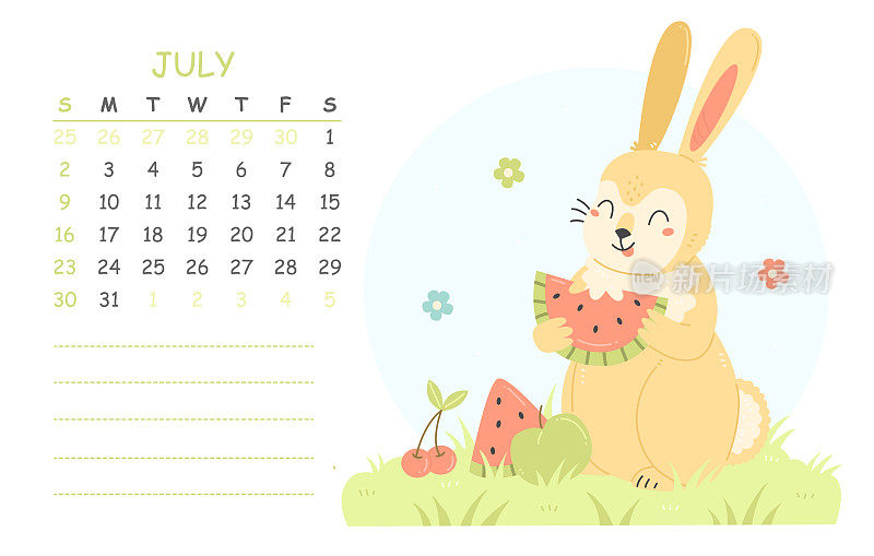 2023年7月儿童日历，插图是一只吃西瓜的可爱兔子。2023年是兔年。夏季插图日历页。