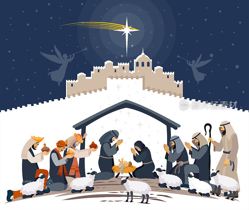 圣诞节的晚上。耶稣的诞生。三位智者。圣诞场景和牧羊人。