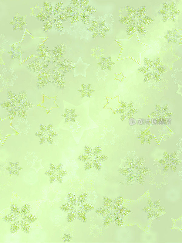 光泽抽象节日淡绿色背景与星星形状和雪花。