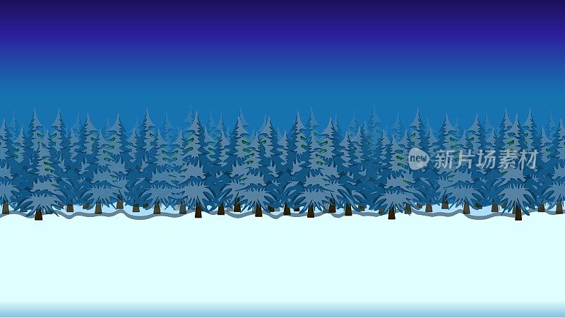 冬天的森林在晚上有树木。树木被雪覆盖的景观。