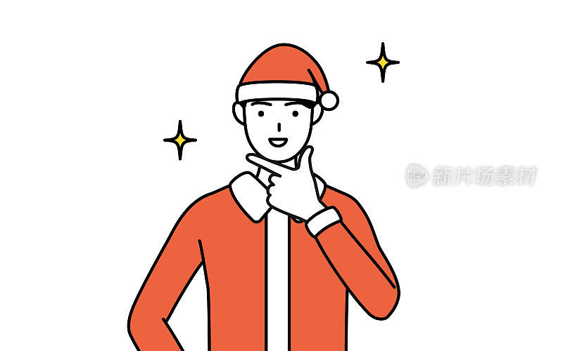 简单的线条插画，一个男人打扮成圣诞老人在一个自信的姿势。