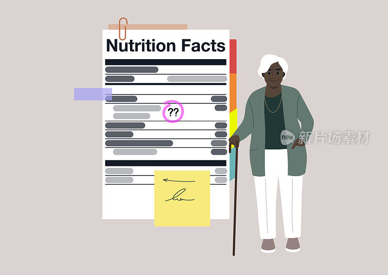 营养成分标签说明与笔记和书签，一个老年人物站在旁边，健康饮食和现代生活方式