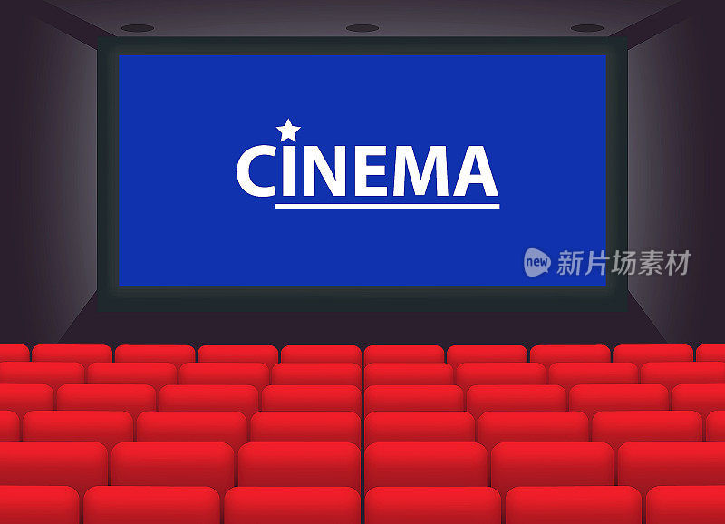 现实主义电影院空厅或电影院剧场电影与白色空幕娱乐电影。