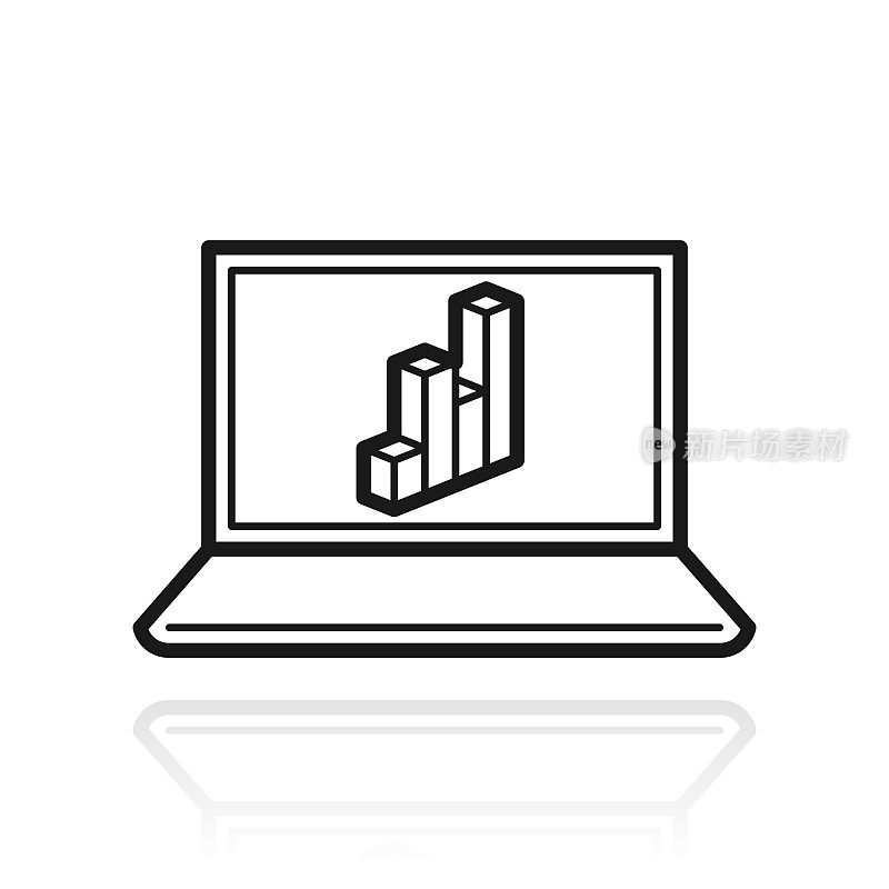 带3D图表的笔记本电脑。白色背景上反射的图标