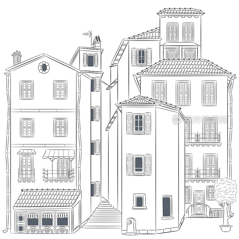 黑白矢量图的老房子在芒通的历史部分。