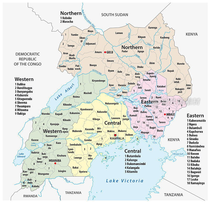 乌干达共和国的行政和政治矢量地图