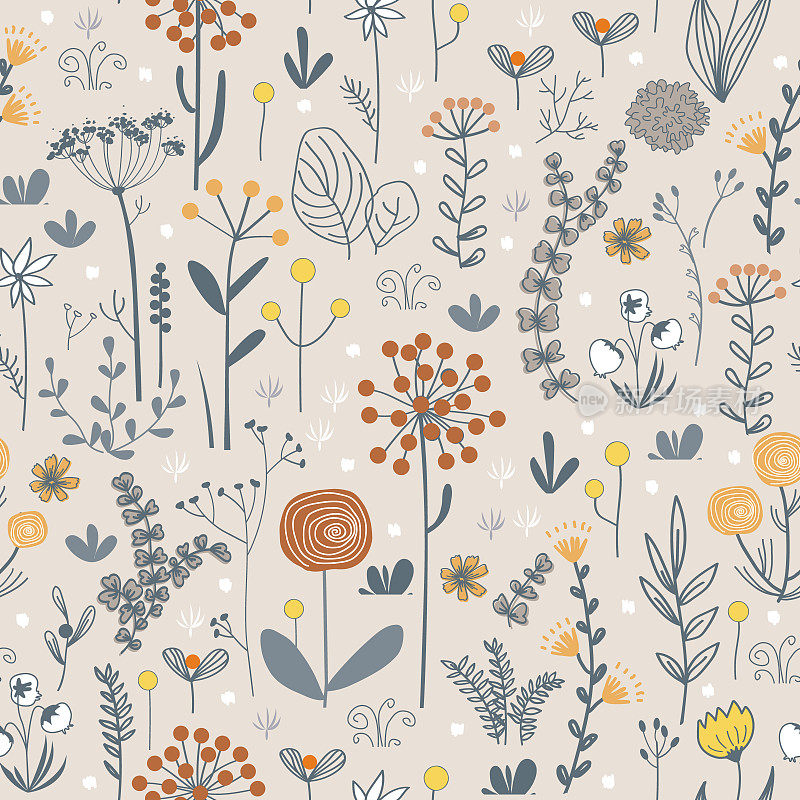 草地花草波西米亚无缝图案。盛开的草涂鸦背景在斯堪的纳维亚风格。民间矢量图