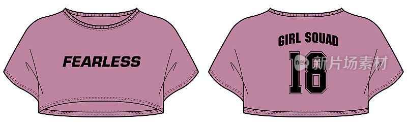 女子微露脐上衣t恤设计平面草图插图，时尚休闲超大号t恤短袖露脐上衣适合女孩和女士运动训练套装。