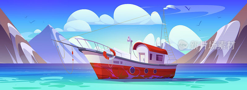 渔船在海上矢量卡通插图