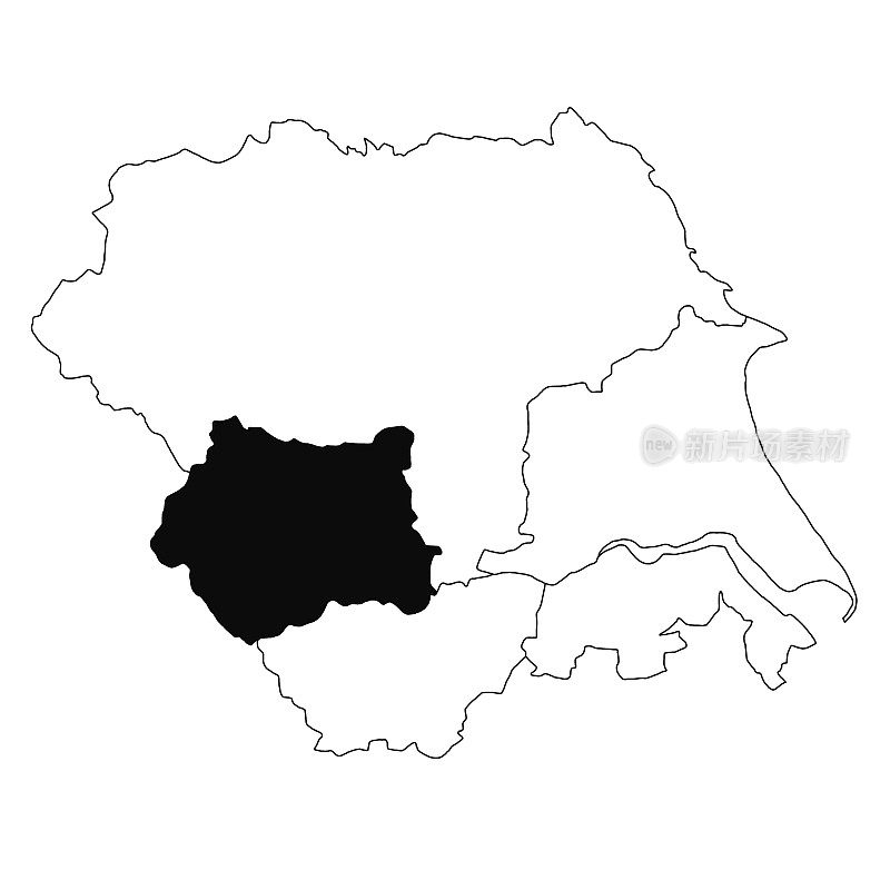 约克郡和亨伯省的西约克郡地图，白色背景。约克郡和亨伯郡的行政地图以黑色突出显示。