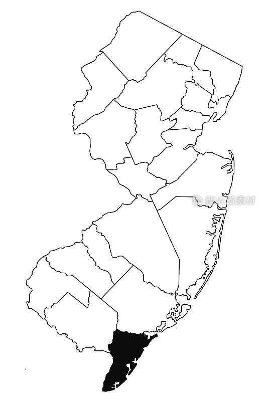 新泽西州开普梅县地图，白色背景。新泽西州地图上的单个县以黑色突出显示。