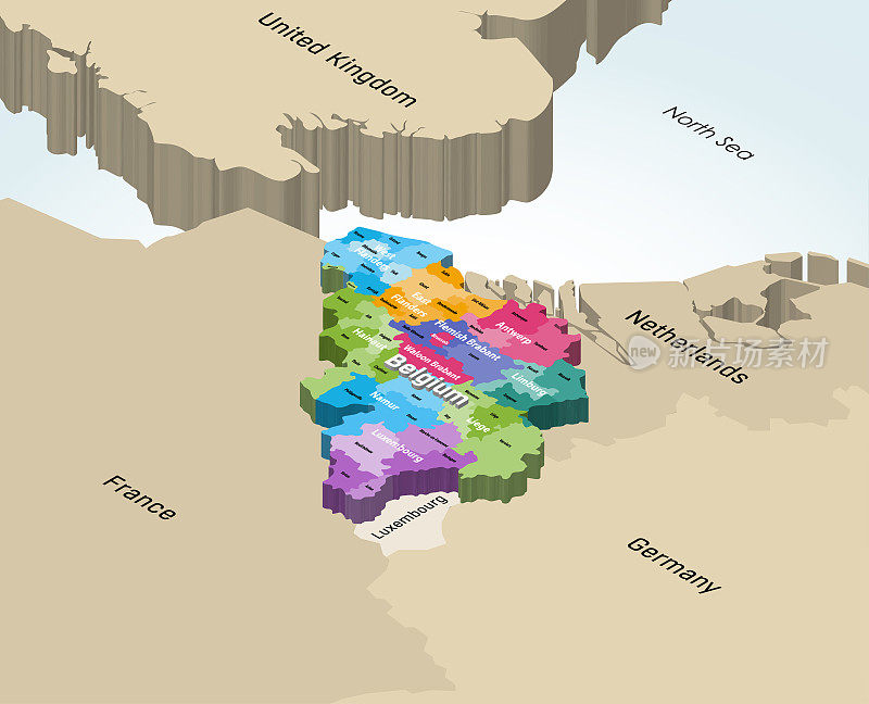 比利时三维(等距)矢量地图着色的省份与邻国