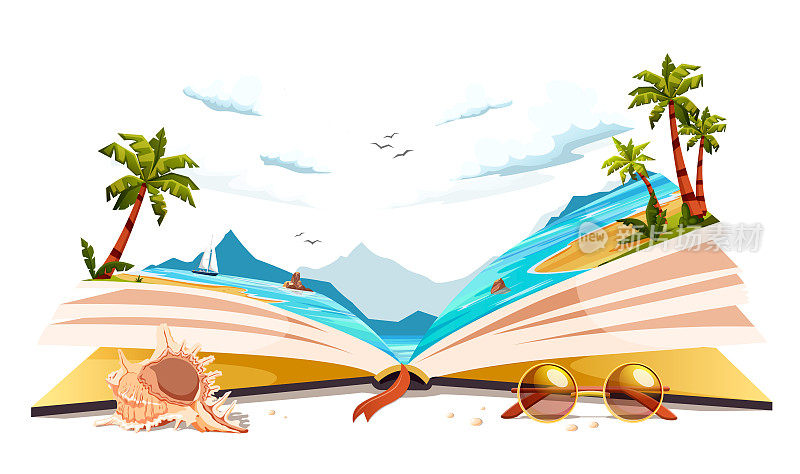 打开的故事书，里面有海洋海滩。夏日假期里的梦幻假期。海边有棕榈叶的沙岛。阅读关于自然景观之旅的童话故事。矢量图