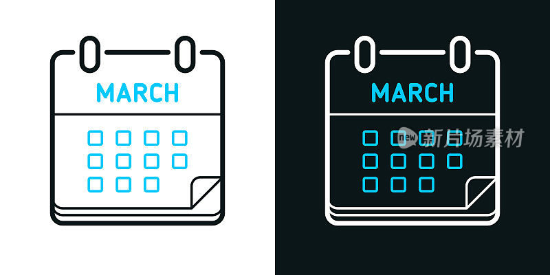 3月日历。黑色或白色背景上的双色线条图标-可编辑笔触