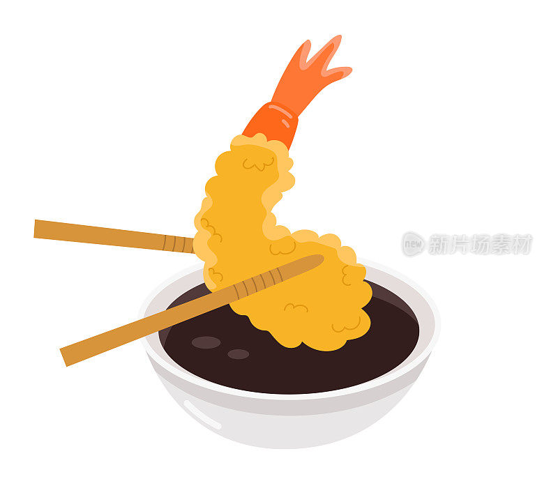天妇罗炸虾。烤鸡肉串虾。亚洲美食。插图的菜单，小册子，海报。