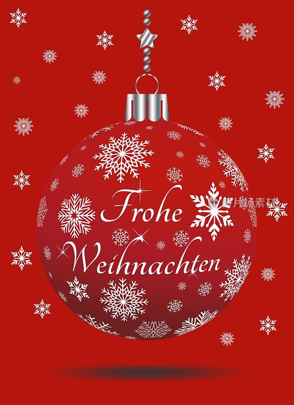 圣诞小玩意矢量与雪花，银色衣架和红色背景上的德国圣诞问候。