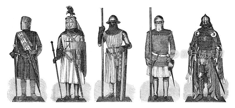 14世纪法国和西班牙士兵和骑士的历史装甲服装