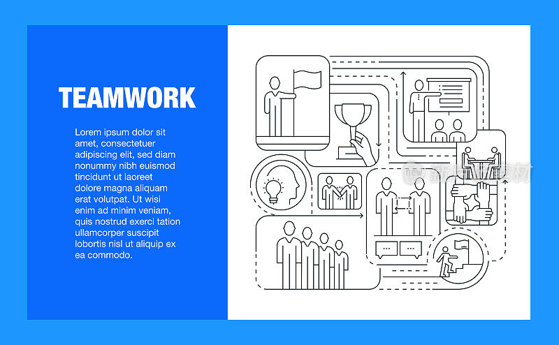 团队合作线图标集和横幅设计。协作、绩效、头脑风暴、领导力、人