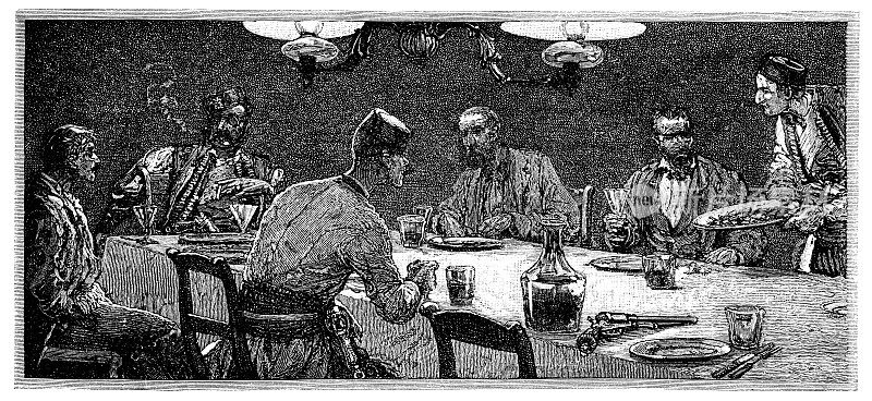 19世纪，在黑山的切蒂涅，人们在餐馆里吃晚餐