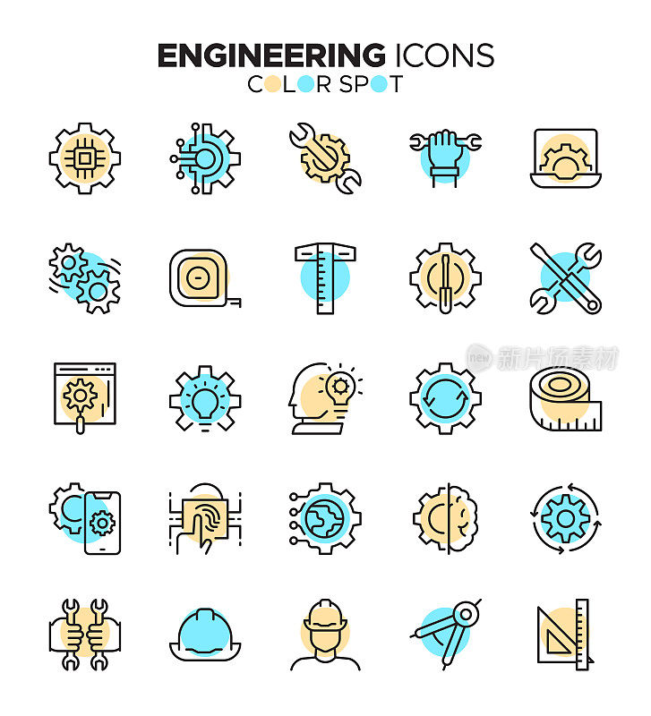 工程-细线矢量色点图标集-像素完美，可编辑的笔画-工业，机械，电气图标