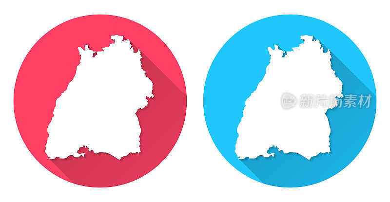 巴登-符腾堡州地图。圆形图标与长阴影在红色或蓝色的背景