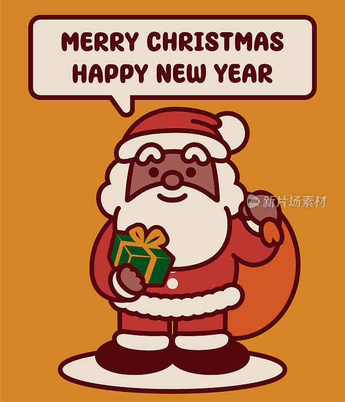 可爱的黑色圣诞老人提着礼物袋，拿着圣诞礼物，祝你圣诞快乐，新年快乐