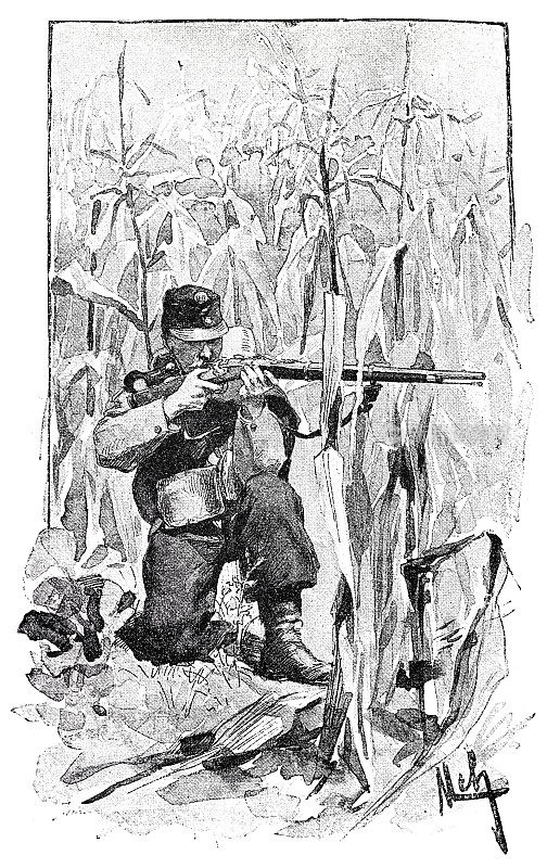 玉米地里的士兵，跪着用步枪瞄准