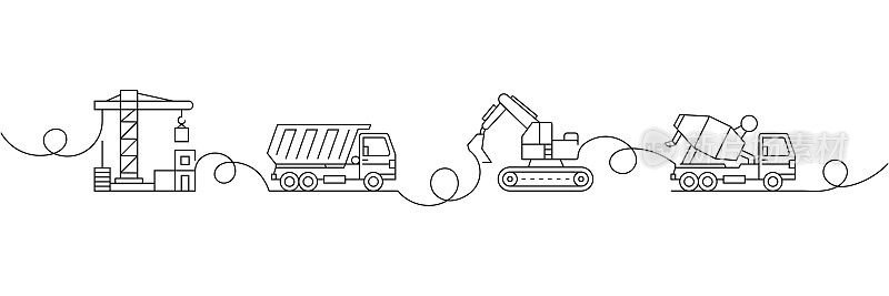 连续的一条线绘制工程机械图标的概念。单线矢量插图。起重机，混凝土搅拌机，卡车，挖掘机。