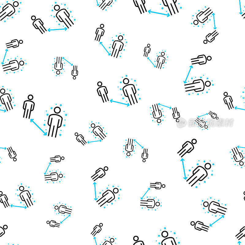 保持社交距离――保持距离。无缝模式。白色背景上的线条图标