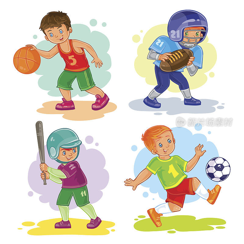 设置图标的男孩打篮球，足球，棒球