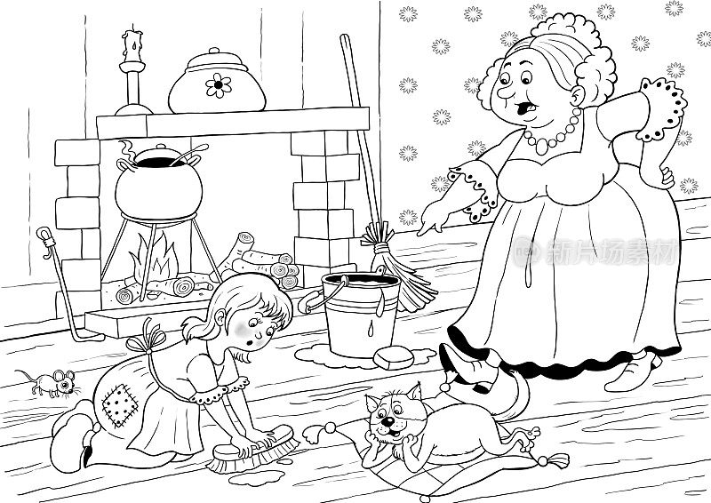 灰姑娘。可爱的女孩和她愤怒的继母。童话故事。对儿童插图。有趣的卡通人物。