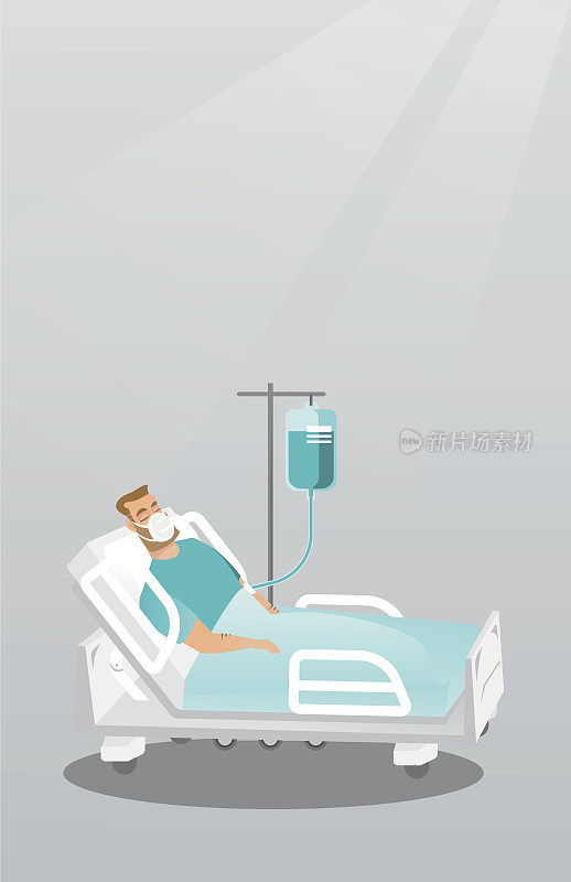 病人躺在病床上，戴着氧气面罩