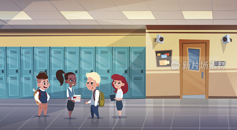 在学校走廊的一群小学生混合种族学生在一排排的储物柜
