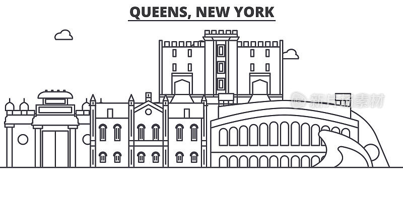 皇后区，纽约建筑线天际线插图。线性向量的城市景观与著名的地标，城市景观，设计图标。风景与可编辑的笔触