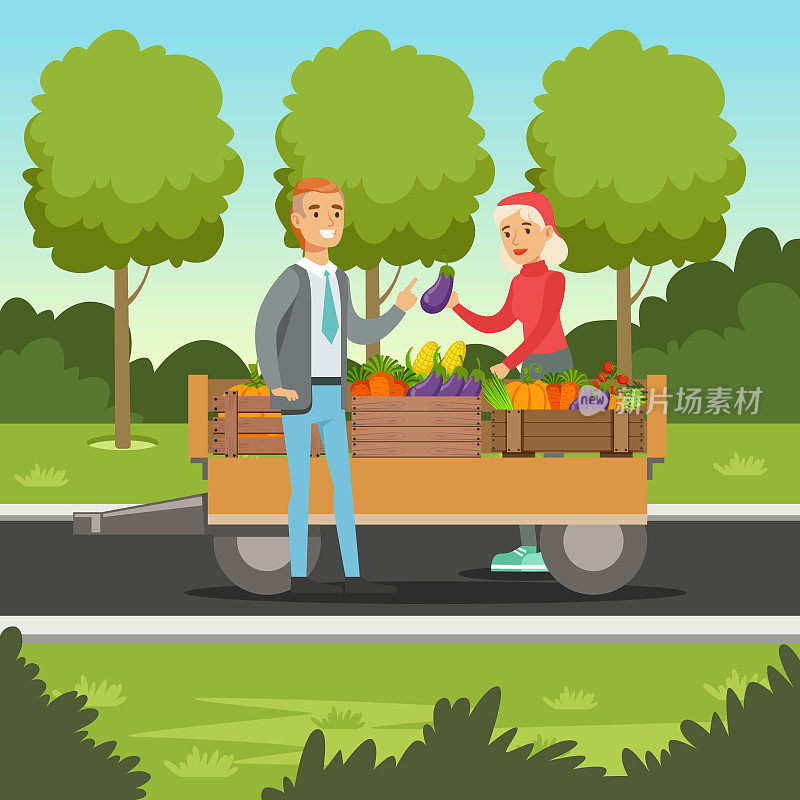 农妇用木车卖菜，当地农贸市场有客户，农业与农作，矢量插图