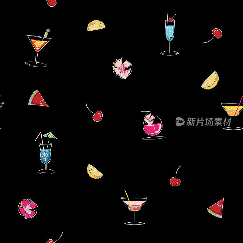 彩色的无缝图案杯莫吉托，长岛冰茶，干马提尼，冰块，和石灰轮廓。黑色背景上的鸡尾酒的黑色轮廓。