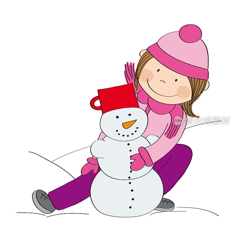 可爱的小女孩在堆雪人，玩雪堆——原版手绘插画