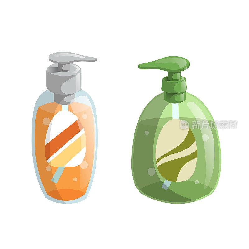 时尚卡通风格的绿色和橙色液体肥皂瓶与分配器图标设置。卫生和保健病媒说明。