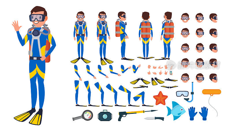 跳水男子向量。动画角色创建集。在水中了。戴水肺的潜水员。潜水潜水。全长，前，侧，后视图，姿势，面部情绪，手势。独立平面卡通插图