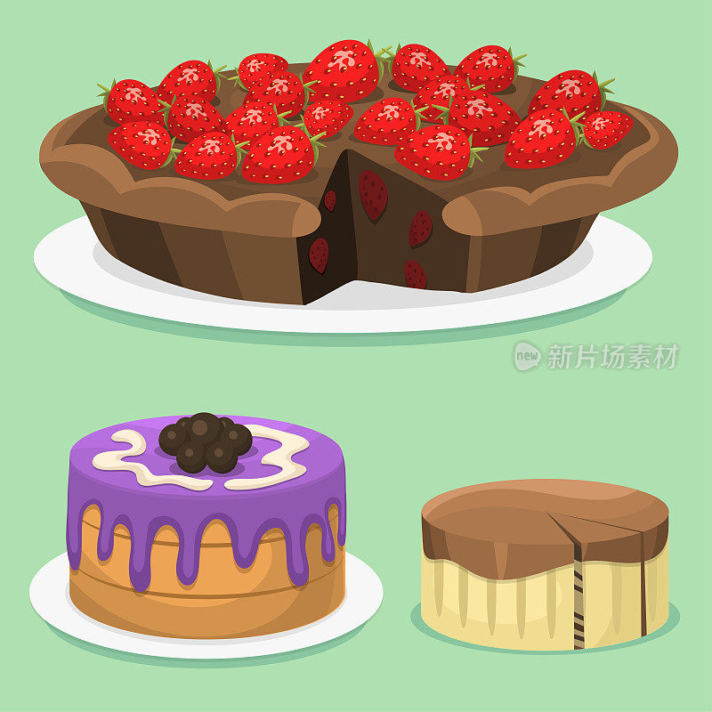 卡通蛋糕新鲜美味的甜点甜糕点派矢量插图美食家自制美味
