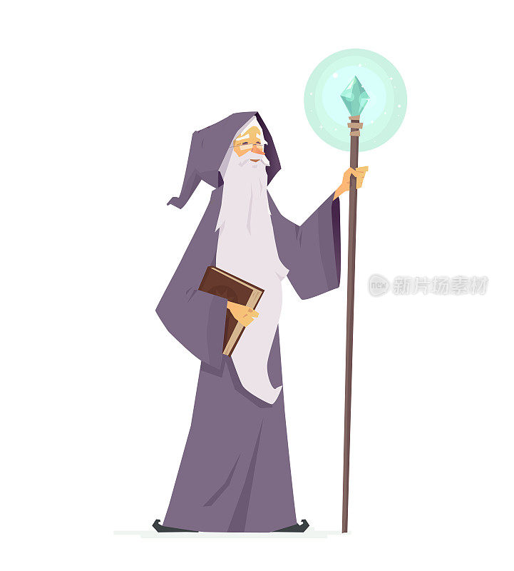 巫师用魔法书和魔杖-卡通人物人物插图
