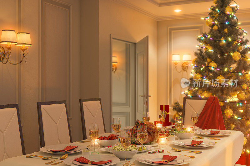 圣诞家庭餐桌的3d插图。明信片或海报上的图像室内设计以古典建筑风格搭配圣诞树和礼物。