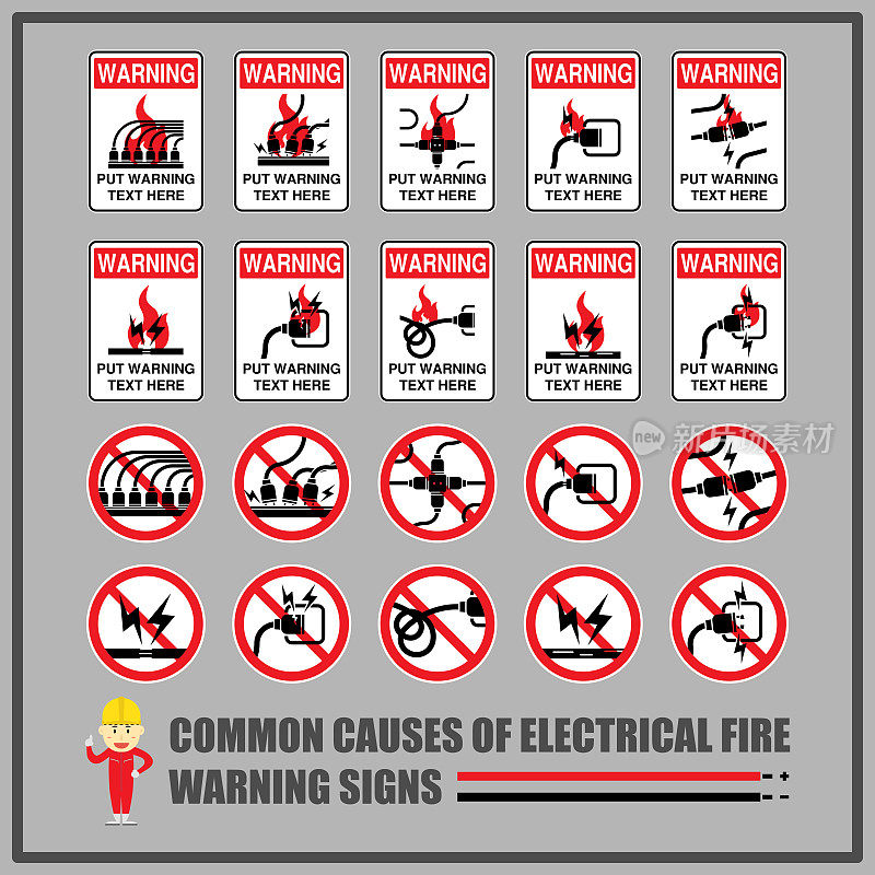 常见电气火灾的安全警告标志和标志，安全使用电气设备的警告信息。
