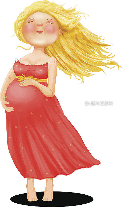 矢量插图年轻美丽的怀孕金发女人在红色的裙子