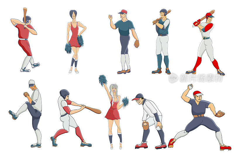 矢量手绘一组棒球运动员和拉拉队。可爱的卡通人物。