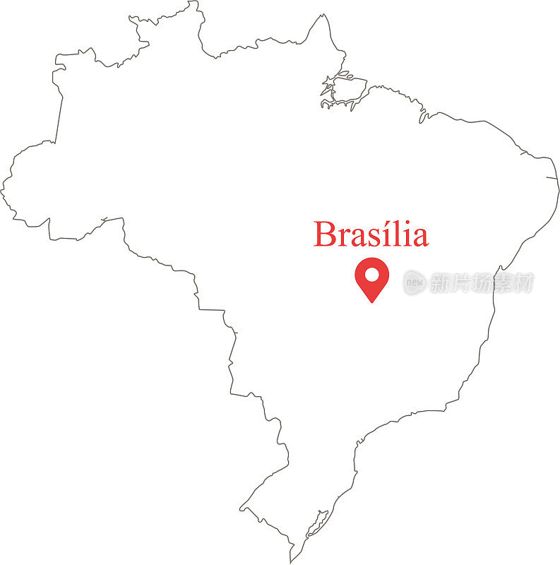 空白地图的巴西矢量大纲插图和首都位置巴西利亚