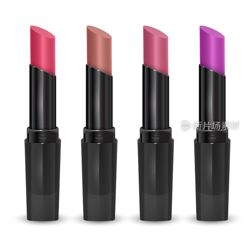 口红套皮肤，粉色和紫色的颜色，现实的口红孤立在白色背景，高级化妆品