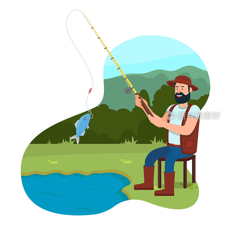 渔夫坐在湖边的椅子上拿着钓竿。