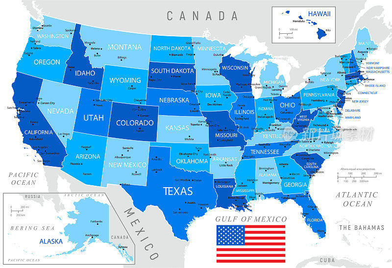 美国蓝色地图，有边界和国旗
