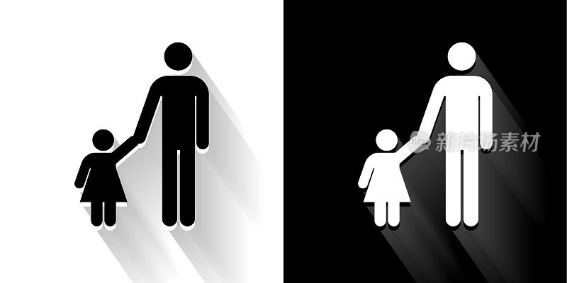 父亲和女儿黑色和白色图标与长影子
